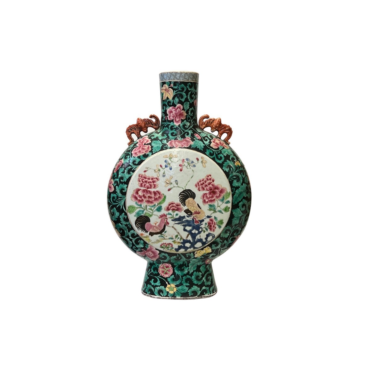 Vintage Chinese Dark Green Graphic Flat Round Flask Porcelain Vase ws3259S Vintage Chinese Dark Green Graphic Flat Round Flask Porcelain Vase ws3259S