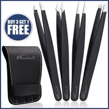 Professional Tweezers Set 4-Piece Stainless Eyebrow Hair Pluckers Removal + Case