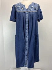 Go Softly Patio Chambray Cotton Patchwork House Dress With Pockets Size Small