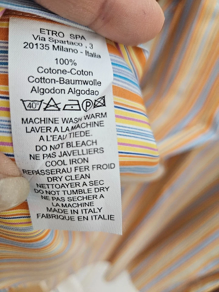 ETRO Made in Italy Shirt Size 44 Orange, white, blue, yellow stripe, long sleeve - Image 3 of 4