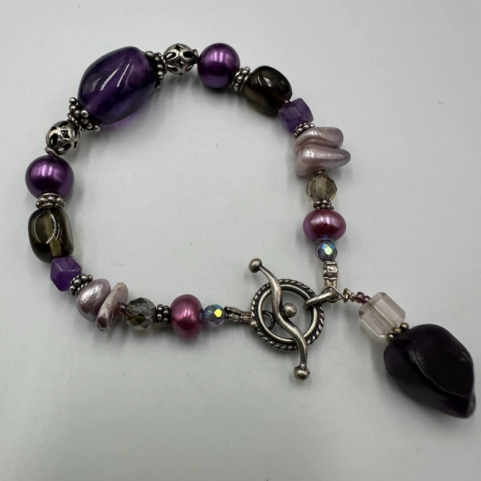 Pulsera artesanal con cuentas perlas de vidrio púrpura cuentas plata de ley palanca 7" Foto 2 de 4