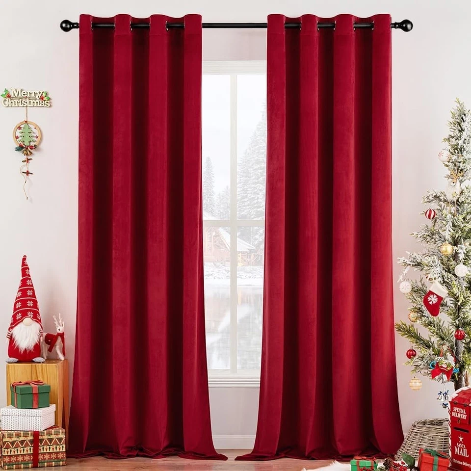 Luxurious Christmas Red Velvet Grommet Curtains - Thermal Insulated & Soundproof - Image 3 of 4