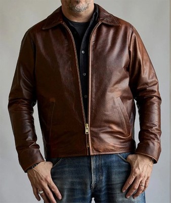 Men's Brown Vintage Biker American Bomber Motorcycle Cowhide Leather Jacket