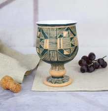 Large Green Ceramic Goblet with Sculpted Stem – For Wine & Drinks