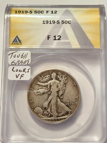1919 S ANACS F 12+ Walking Liberty Half Rare Tough Grade Looks VF