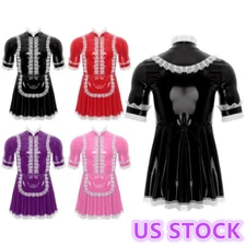 Men Sissy Maid Uniform Costume Faux Leather Short Sleeve Mini Dress with Outfits