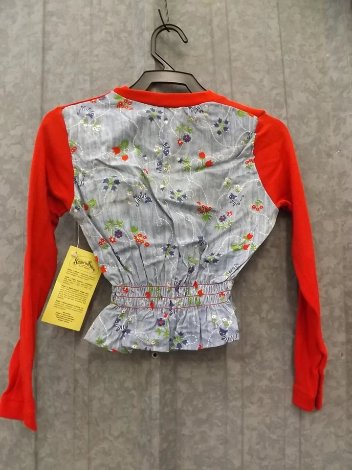 Vtg 1970s NEW NWT Whimsy Cat Floral Cotton Cropped Length Long Sleeve Top Sz 12 - Image 3 of 4
