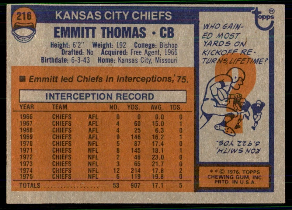 1976 Topps Emmitt Thomas Football Cards #216 - Image 2 of 2