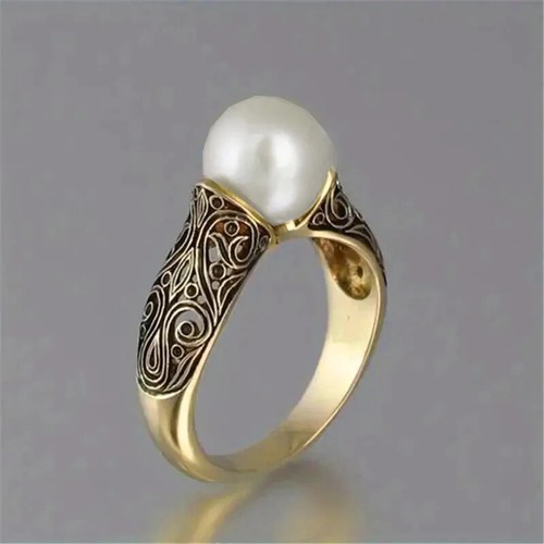 Modischer Ring mit weißen Perlenimitat Vintage goldfarben hohl Blumenmuster - Bild 7 von 15