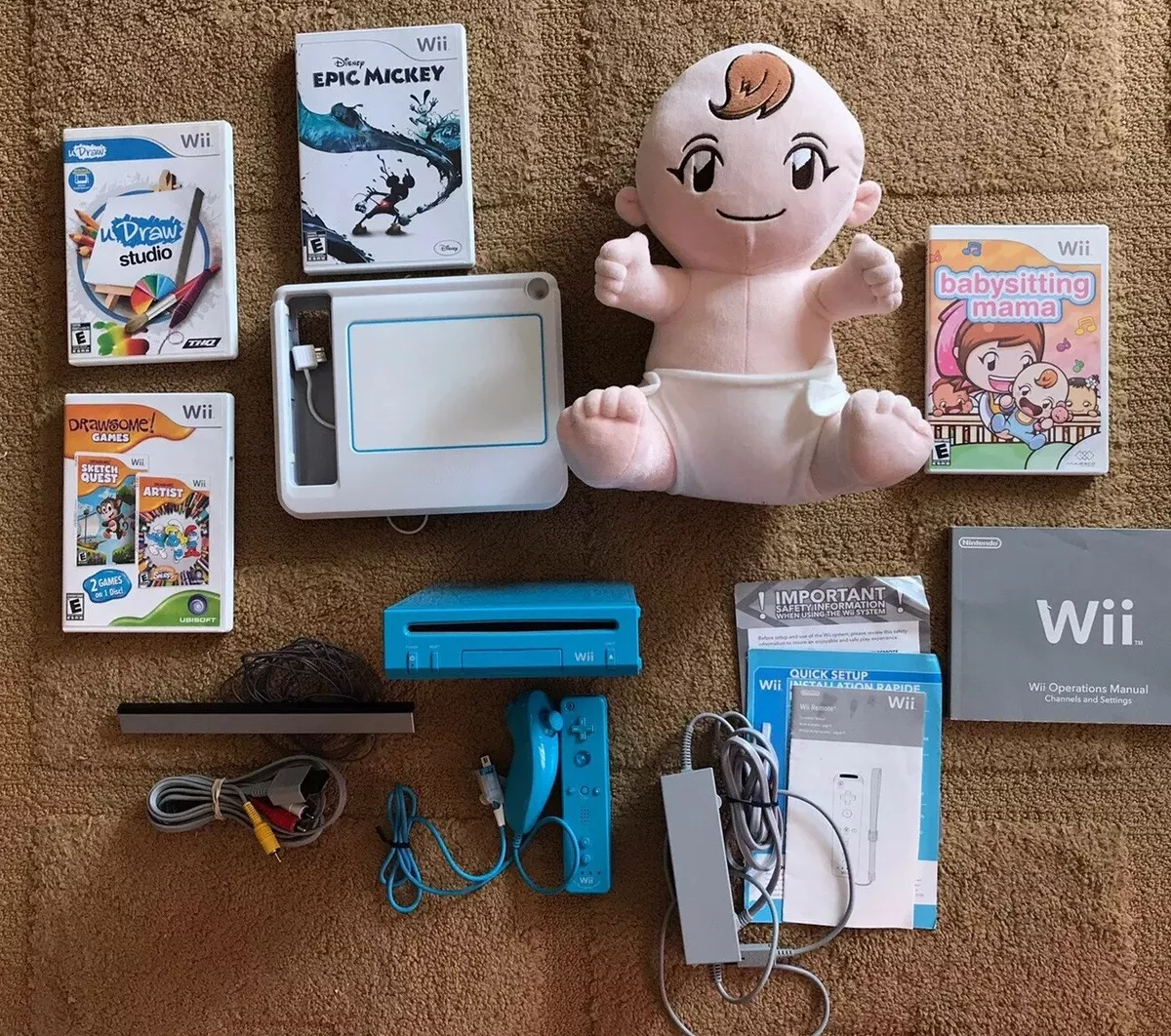 Wii Blue Console w/ controller Udraw+tablet Babysitting Mama+ Baby Doll &  more