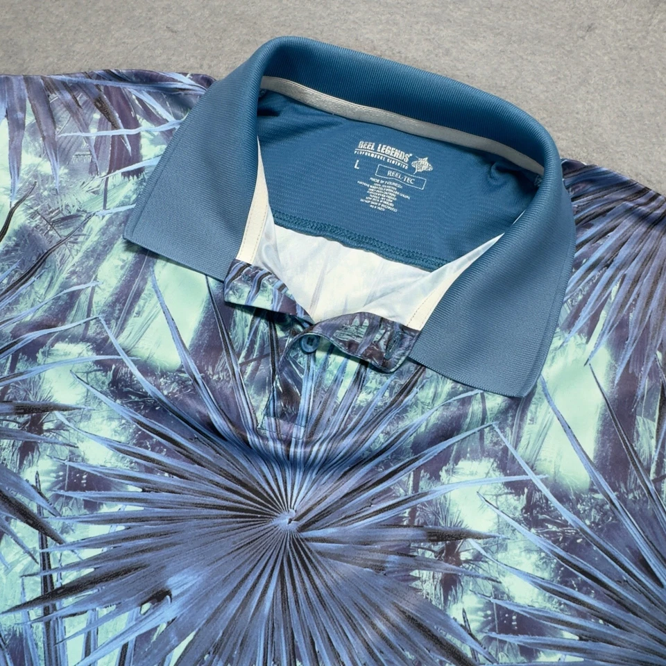 Reel Legend Shirt Adult Large Blue Geometric Polo Stretch Reel Tec Palm Fronds - Image 2 of 4