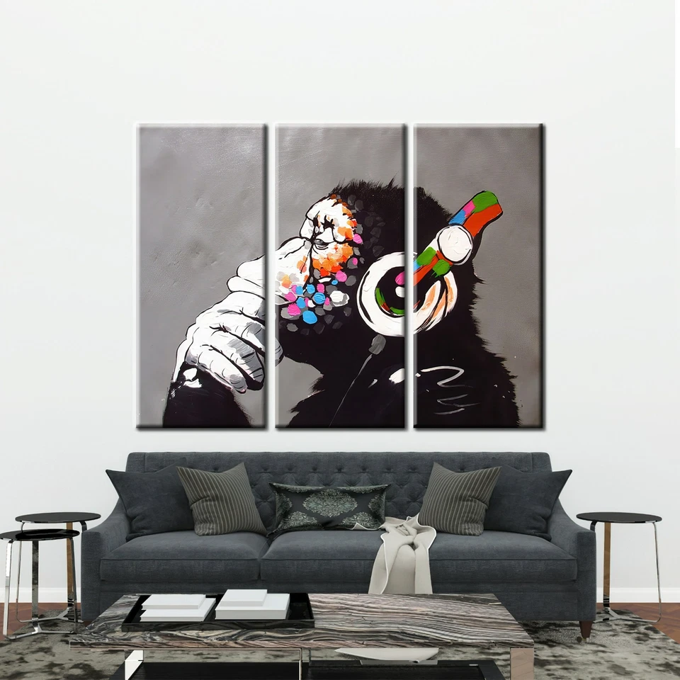 Banksy DJ 猴子,大猩猩黑猩猩帆布墙艺术,Banksy Thinking Monkey,Headpho — 第 2/4 张图片