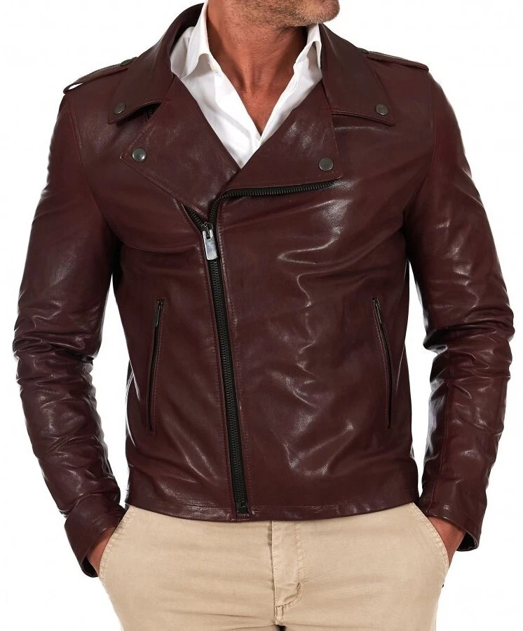 Men's Bordeaux Genuine Lambskin Leather Biker Jacket - Shoulder Flaps, Moto