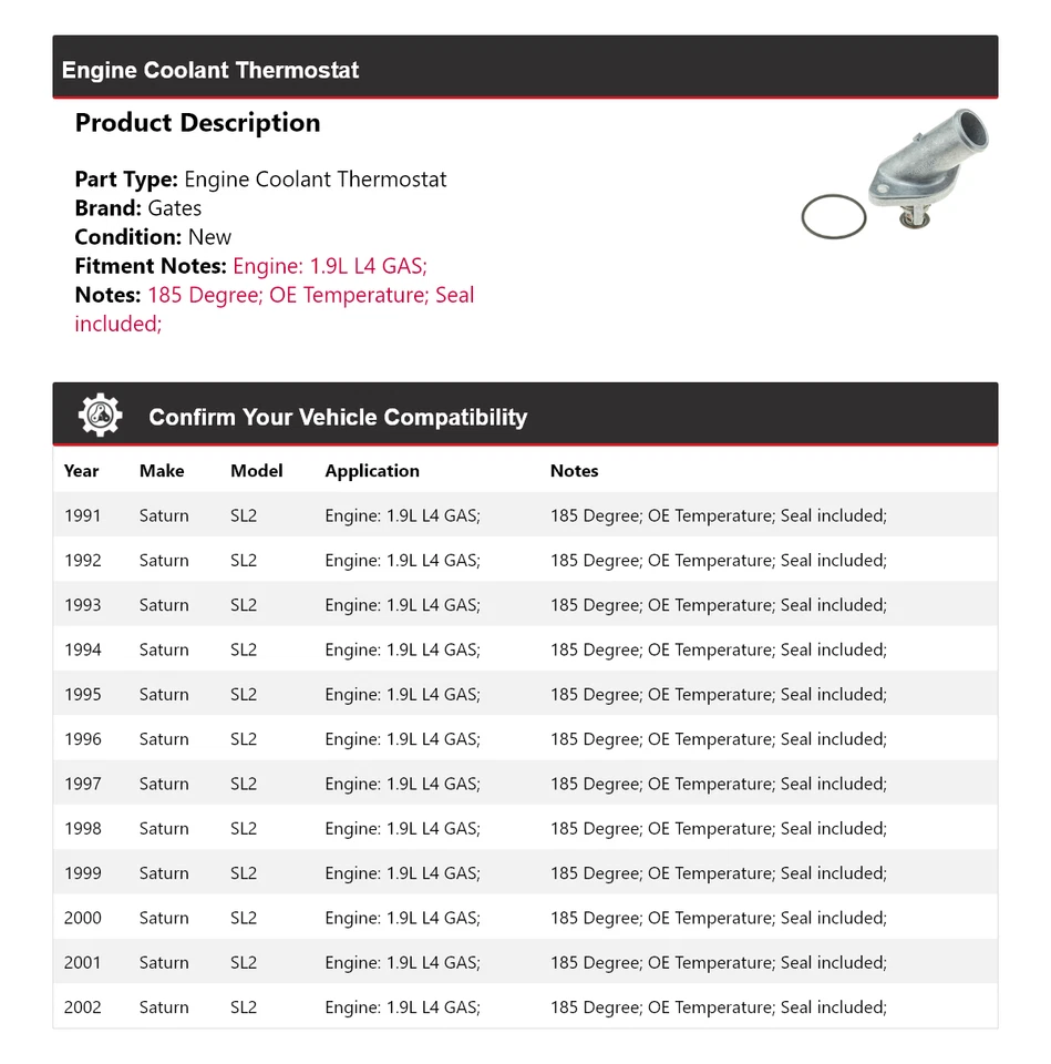 For 1991-2002 Saturn SL2 1.9L L4 GAS Engine Coolant Thermostat Gates 1992 1993 - Image 2 of 4