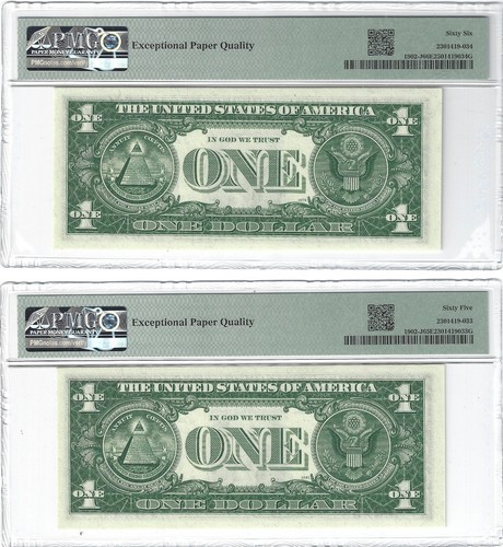 (2) Fr.1902-J 1963 $1 Federal Reserve Note Barr Notes Kansas City PMG 66 & 65EPQ - Picture 2 of 2