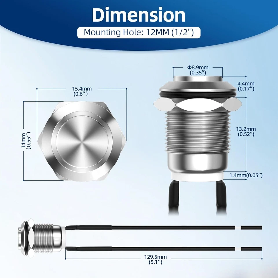 12V Waterproof Metal Push Button Switch 12mm SPST ON Off for Automotive Marine - Image 4 of 4