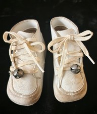 Vintage Unbranded Baby Leather Walking Shoes White W/Bells, 12-18 month or decor