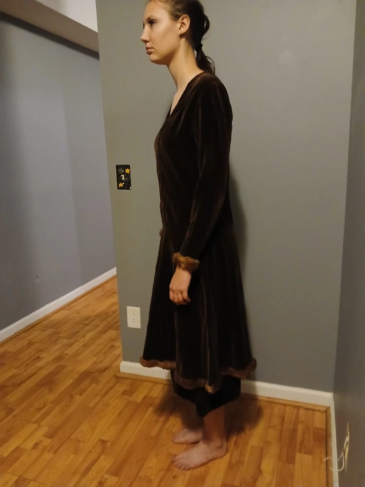 Over 100 Years Old Brown Cotton Velveteen With Fur Trim Tunic Dress Over Skirt - Image 2 of 4