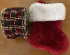 Mini Christmas Stocking & Velvet Plaid Ribbon Burgundy & Green Lot 5”