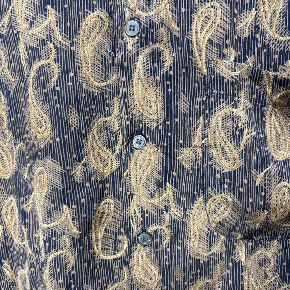 Perry Ellis Silk Paisley Shirt Mens Size M Navy Blue Gold Button Up - Image 3 of 4