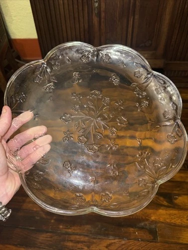 Anchor Hocking Savannah Clear Round Glass Floral Pattern Platter 12” Vintage