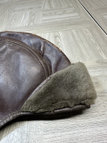 Antique Brown Leather Motorcycle Riding Cap Hat Boys Small Vintage Fur Biking - Picture 3 of 16