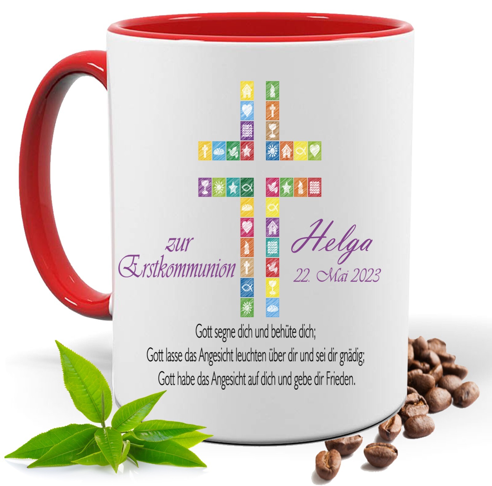 ERSTKOMMUNION TASSE PERSONALISIERT| BEDRUCKTE GESCHENK TASSE SYMBOLE KREUZ MUG