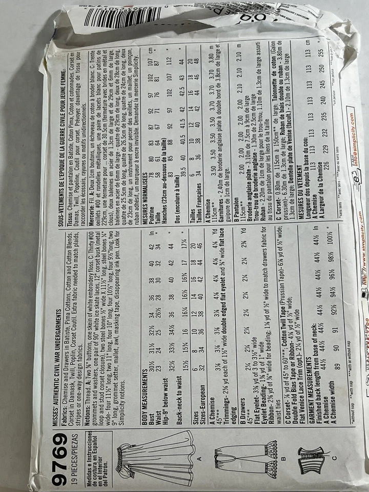 UNCUT Simplicity 9769 Historian Costume Pattern Chemise Corset Bloomers 16-20 - Image 2 of 2