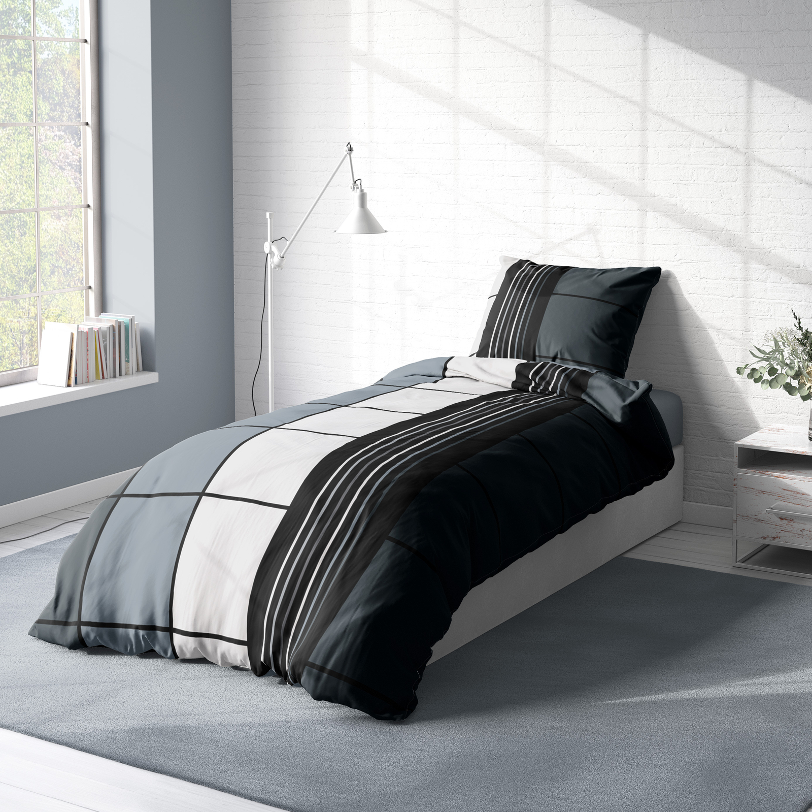 4 teilig Bettwäsche 155x220 cm kariert schwarz silber grau Übergröße Mikrofaser