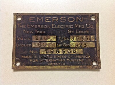 Vintage Original Emerson Electric Fan Motor ID Tag Plate Type 35661 Antique