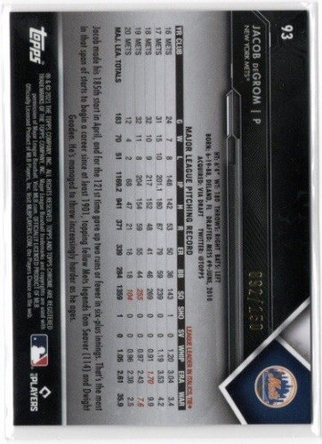 2021 Topps Chrome Black Jacob deGrom Purple Refractor /150 #93 - 第 2/2 張圖片