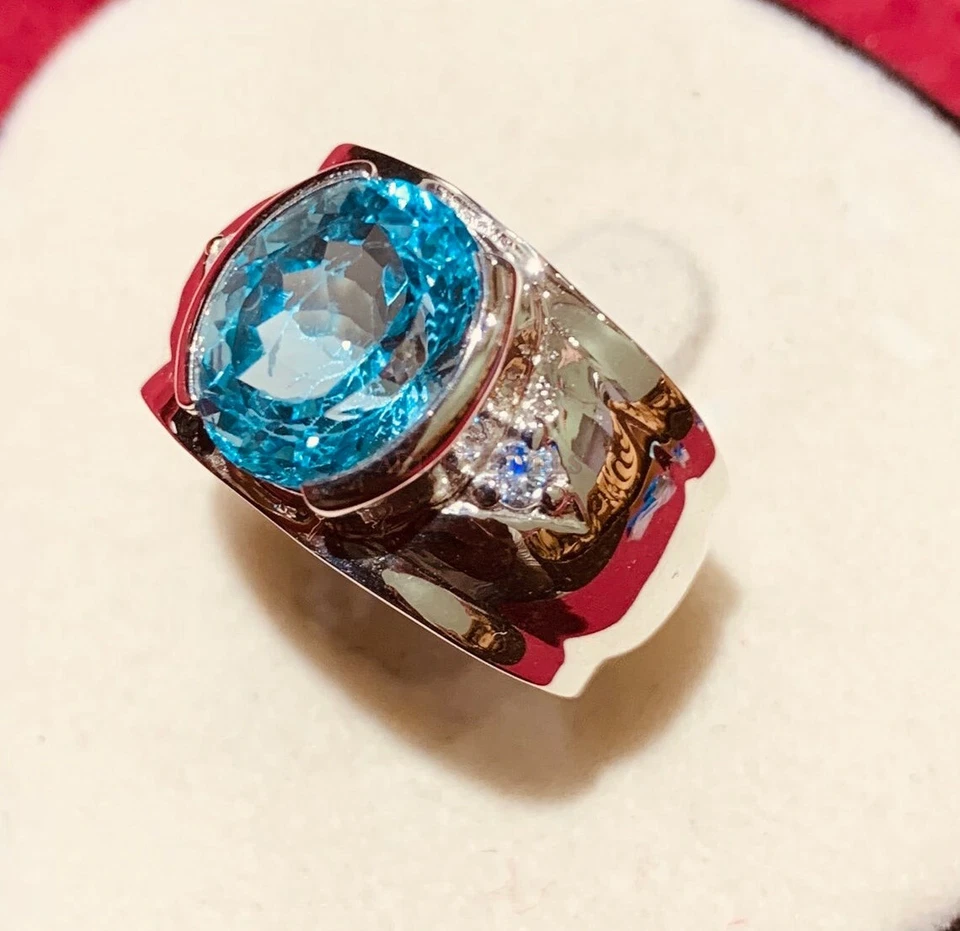 Natural Blue Topaz Gemstone with 14K White Gold Plated Silver Ring for Men AJ510 - Image 3 of 4