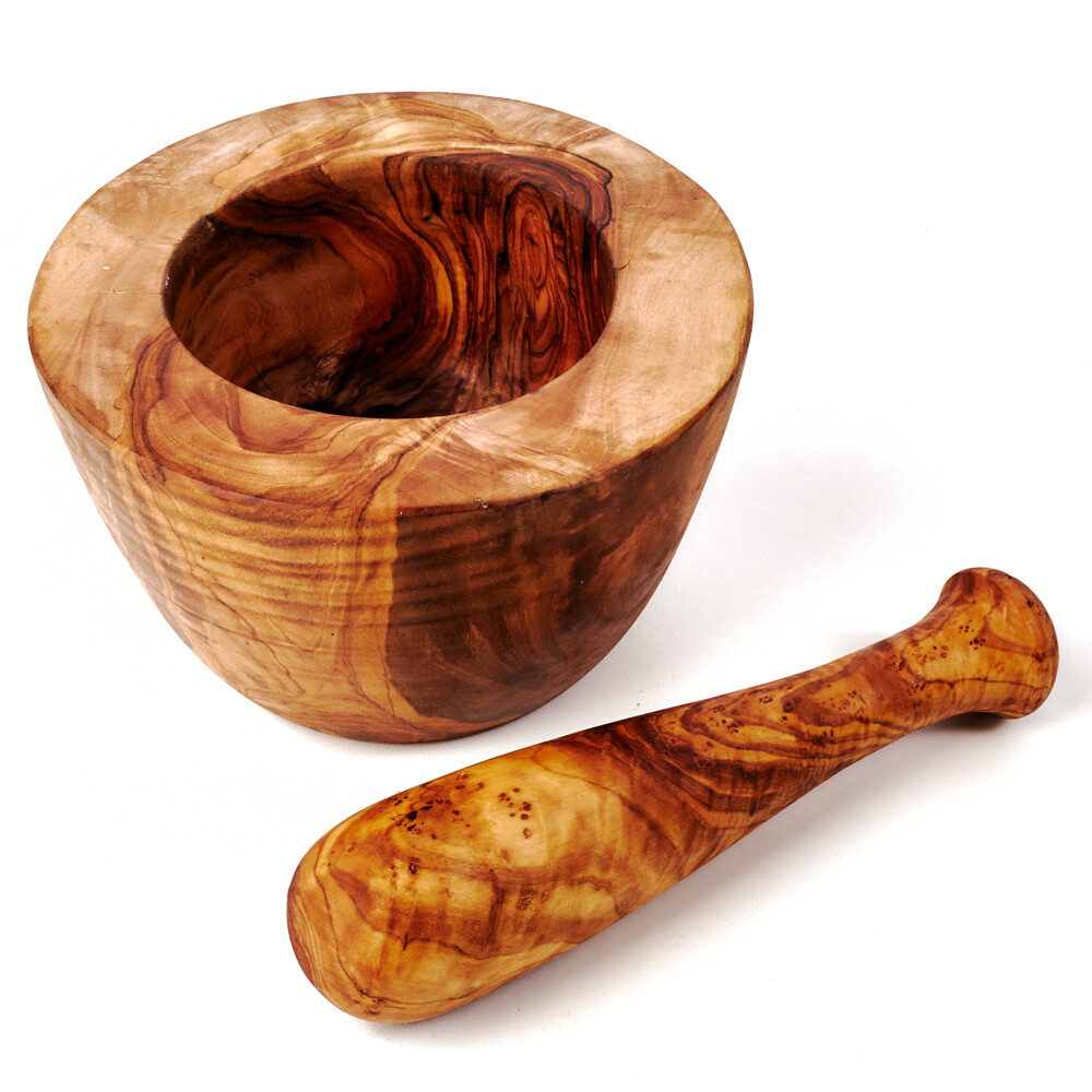 Mortero Y Mano de Madera de Olivo, Liso Borde