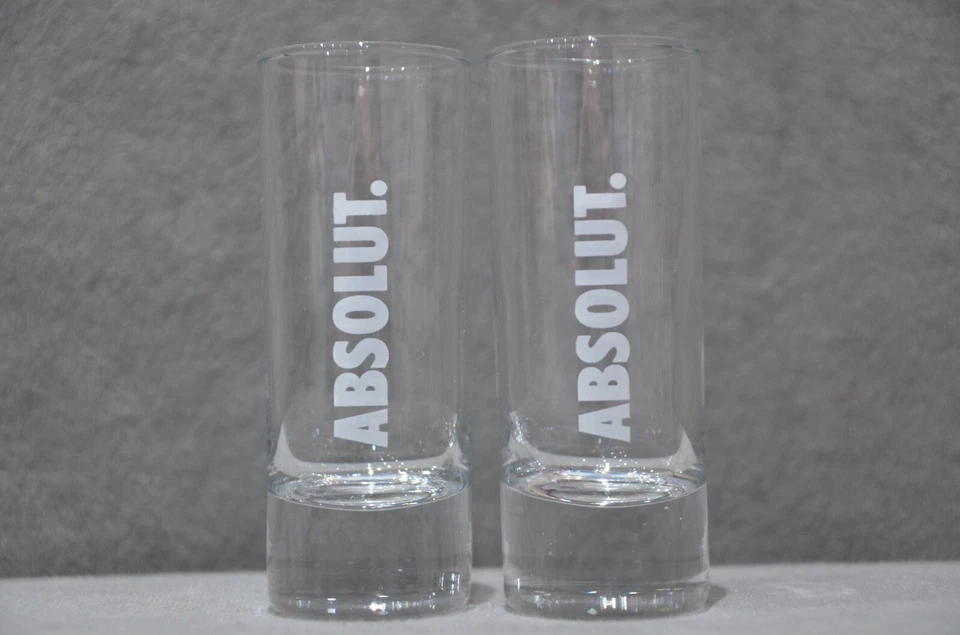 2x Absolut Vodka Shot Glasses 6cl 60ml 10cm Tall & Slim Design White Logo New - Image 1 of 4