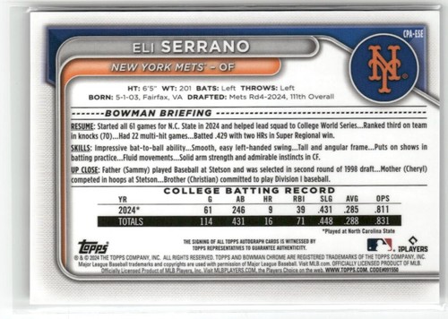 2024 Bowman Draft Eli Serrano Chrome Auto 1st #CPA-ESE Mets - Picture 2 of 2