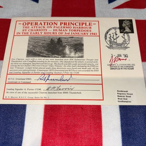 RN FDC Op PRINCIPLE attack on Palermo harbour by human torpedoes 3 x WW2 signed