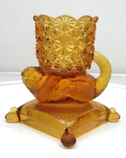 EAPG Kitten on a Pillow Toothpick Holder Richards & Hartley Amber Glass 1880s