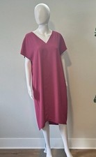 Pink Short Sleeve V-Neck Shift Dress Midi Casual Spring Summer Solid Women
