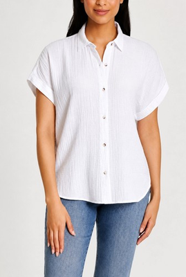 #ad Jessica Simpson Short Sleeve Top White Gauzy Relaxed Fit Button Up Size Med NWT $13.98