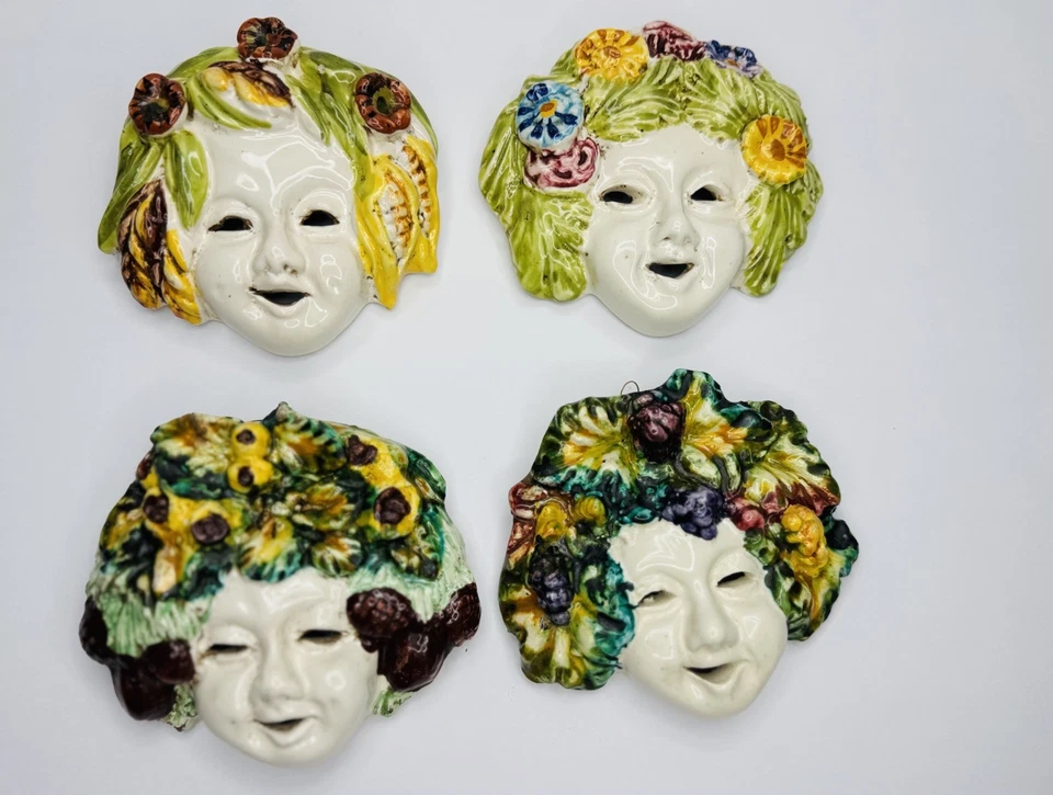 Máscaras de pared vintage de mayólica de cuatro estaciones Baco hechas en Italia Foto 3 de 4