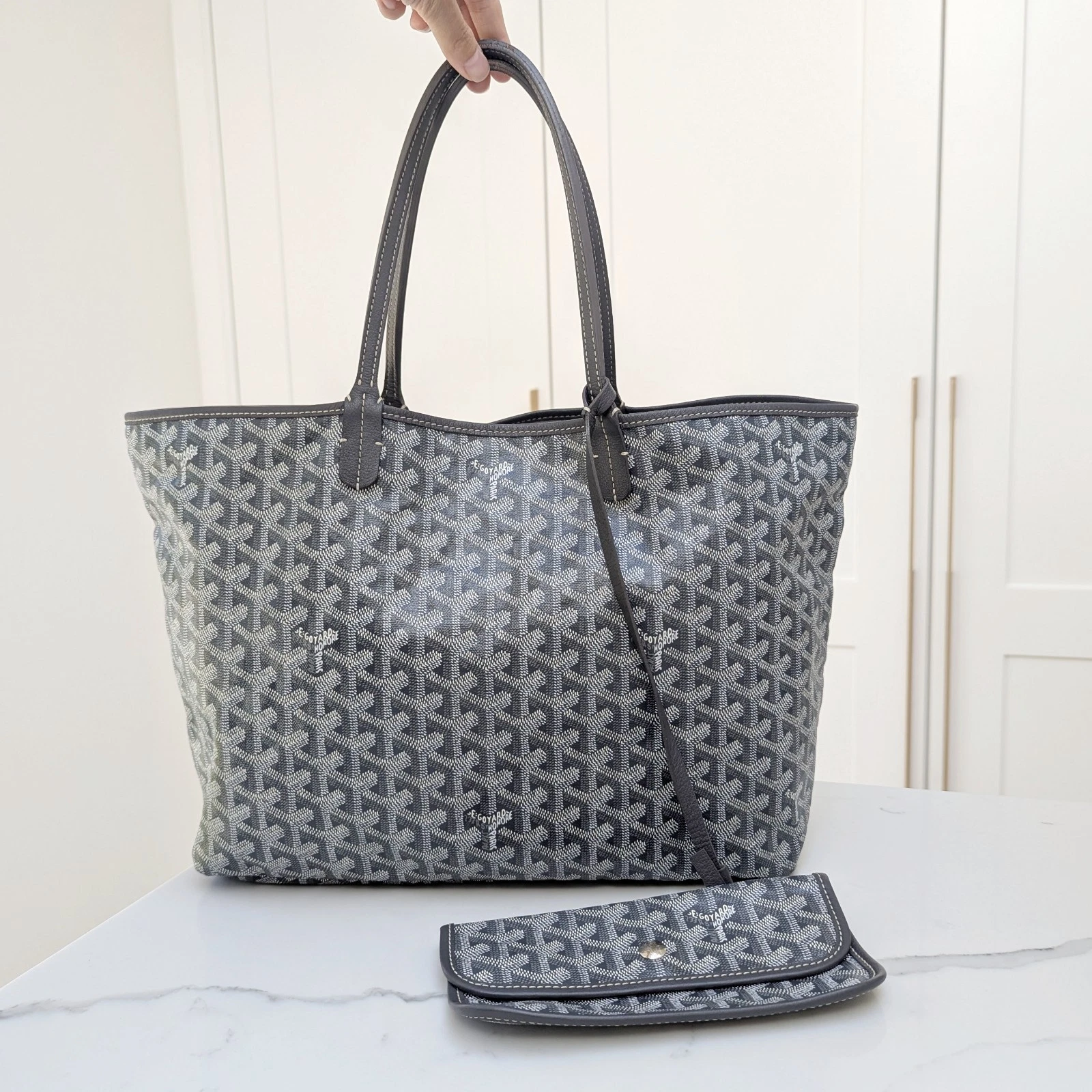 GOYARD Saint Louis PM borsa tote in pelle spina di pesce grigio argento ferramenta