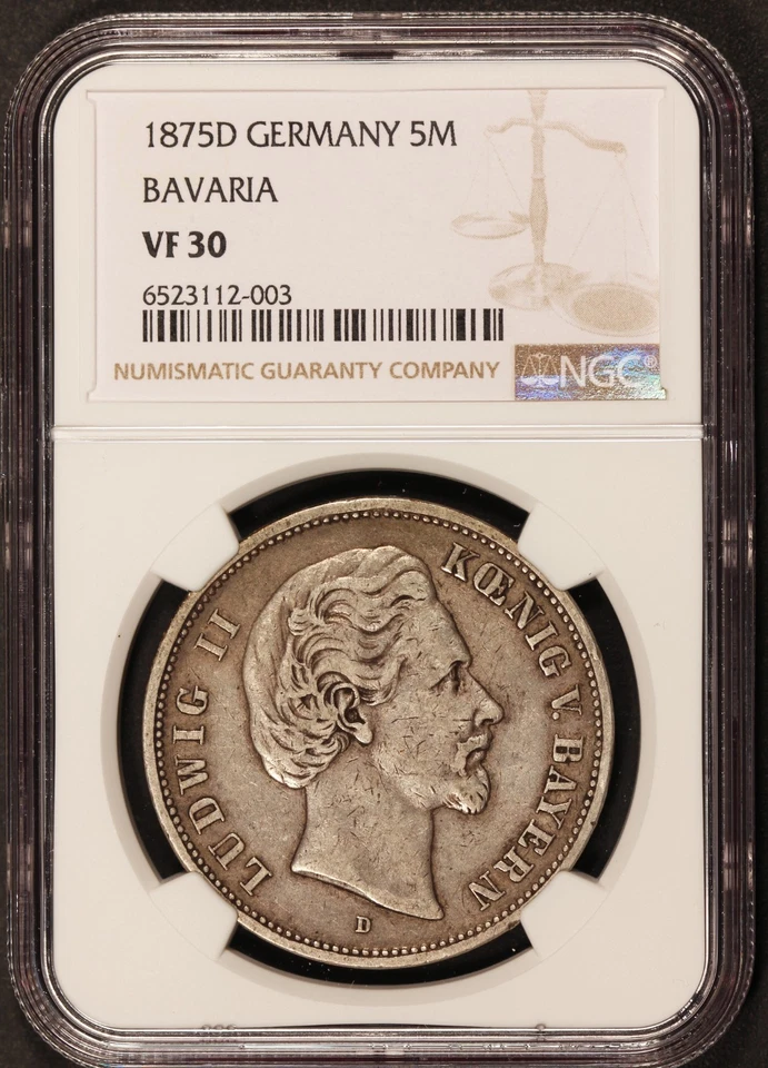 1875-D Germany Bavaria 5 Mark Silver Coin - NGC VF 30 - KM #896 - Image 3 of 4