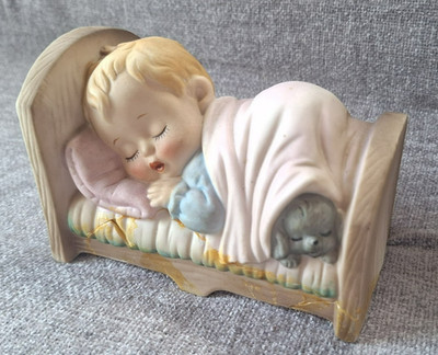 Vintage japanische Sankyo 50er-80er Jahre Spieluhr .Schlafendes Baby & Welpe Figur .