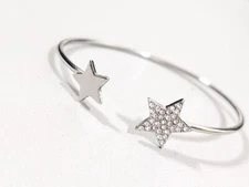 Silver Tone Star Rhinestone Pave Open Cuff Bangle Bracelet 7.5 inches