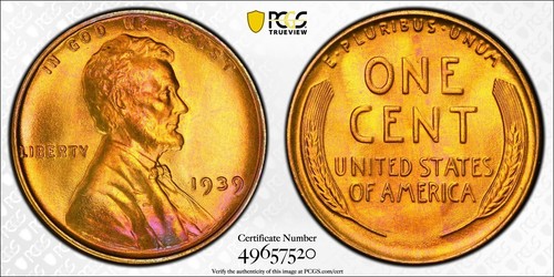 1939 LINCOLN CENT PCGS MS67+RD LOT Z 29 - Picture 2 of 10
