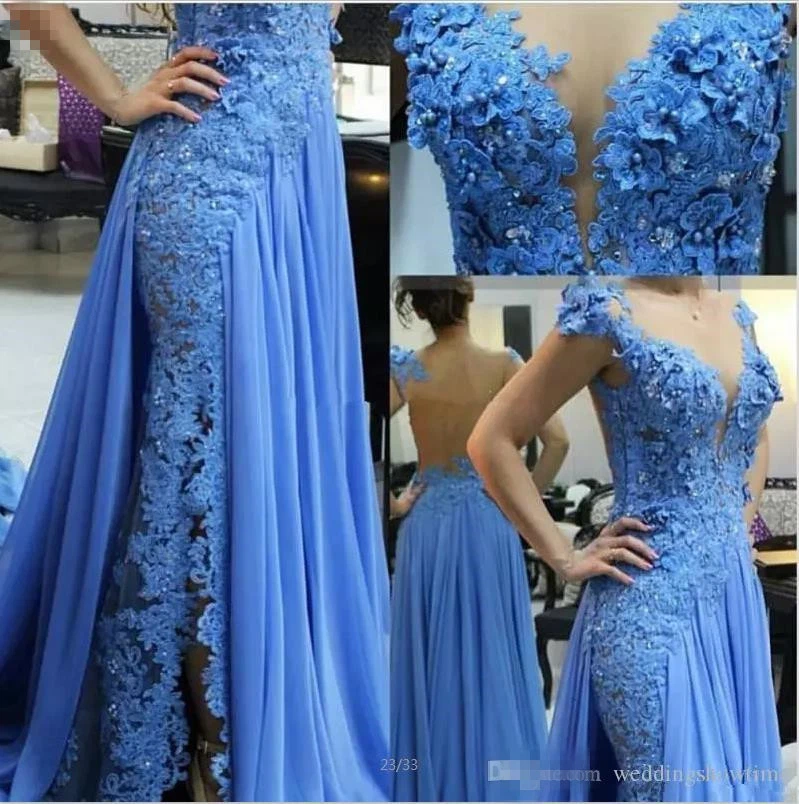 Sky Blue Appliques Chiffon Mermaid Prom Party Evening Dress