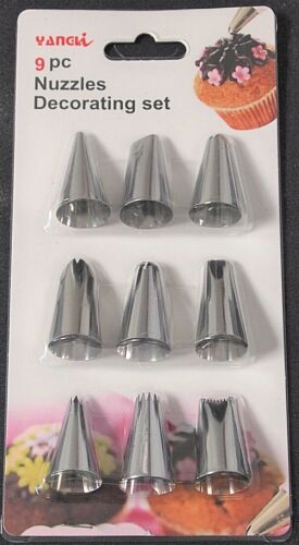 9 PC ASSORTED ICING SUGAR NOZZLE TIPS - COOKING BAKING CUPCAKES CAKES PIPING BAG - Picture 1 of 1