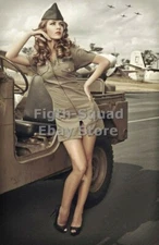 WW2 Picture Photo woman in uniform at the airfield near the jeep 6311