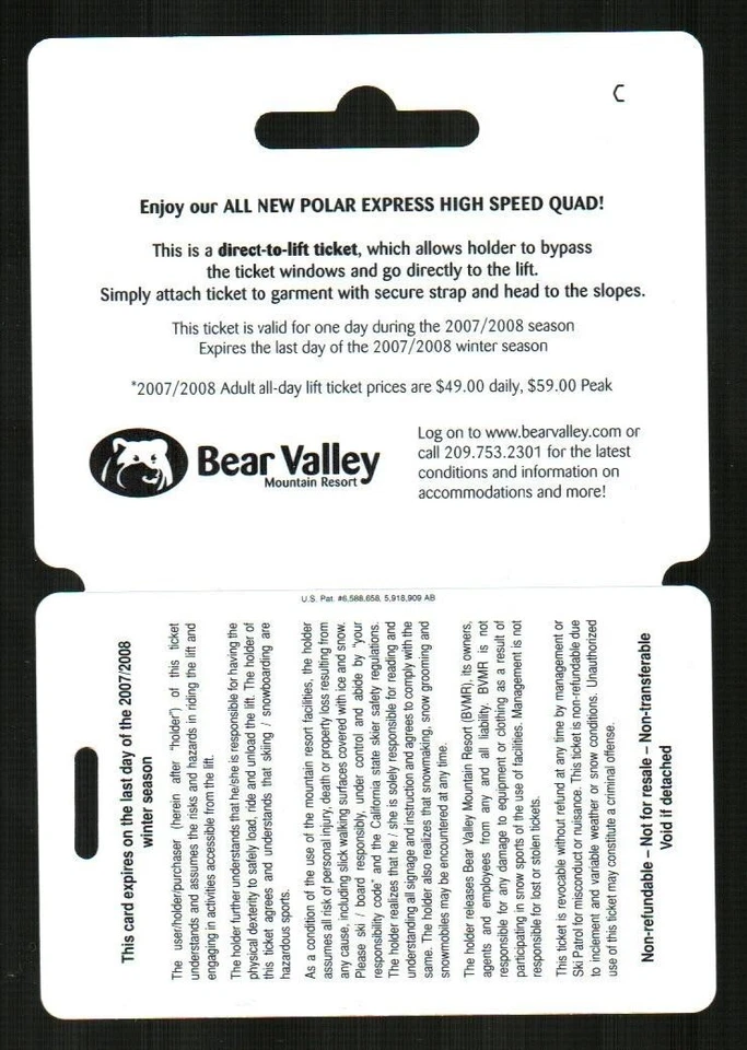 BEAR VALLEY MOUNTAIN RESORT Skier ( 2007 ) Lift Ticket Card ( $0 - Expired ) - Image 2 of 2