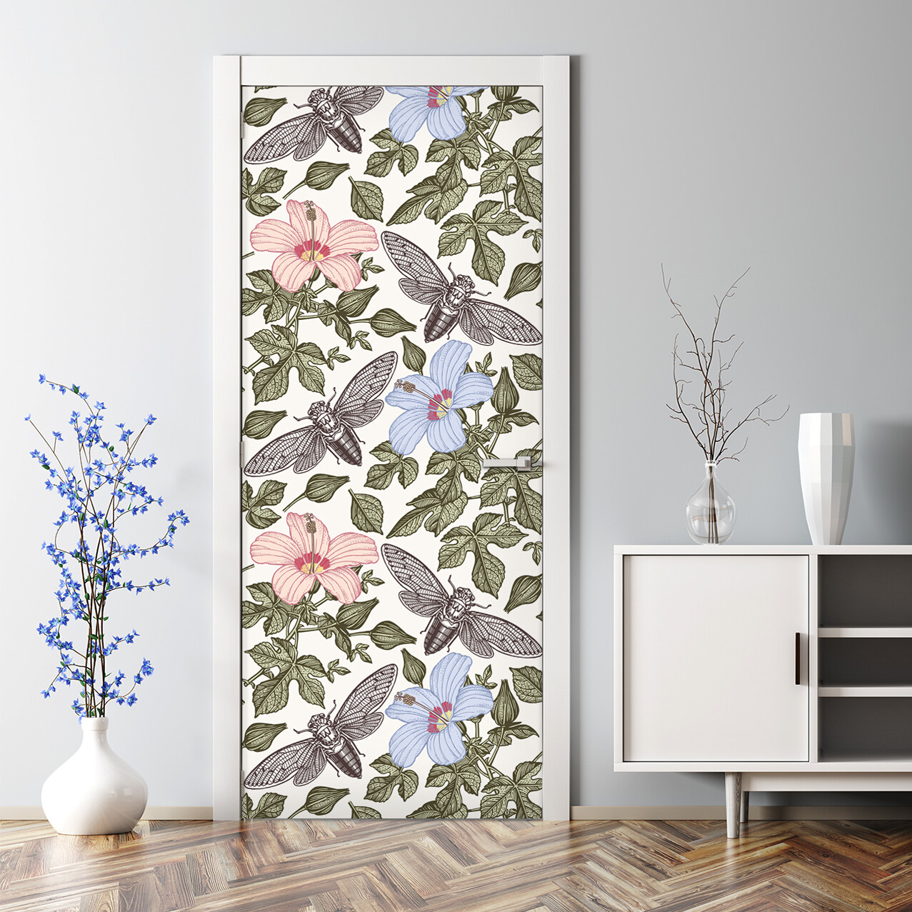 Butterflies among flowers Bubble Free Door sticker Colourful Home Decor